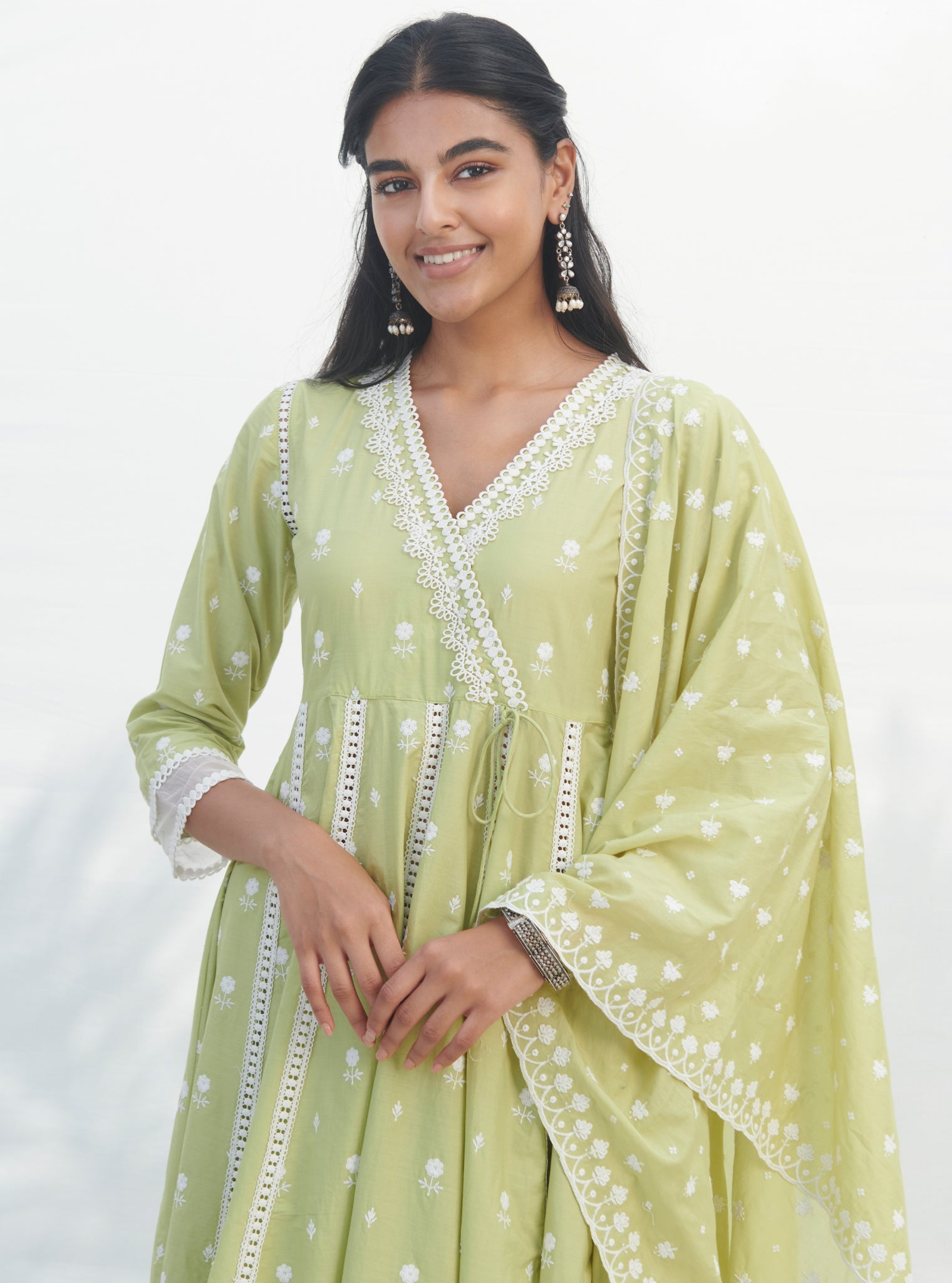 Mulmul Cotton Arambol Anarkali Lime Kurta With Mulmul Cotton Arambol Lime Pant