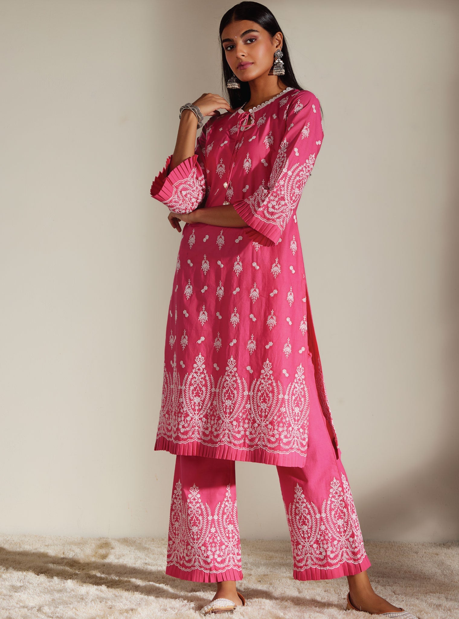 Mulmul Cotton Asteria Pink Kurta With Asteria Pink Palazzo