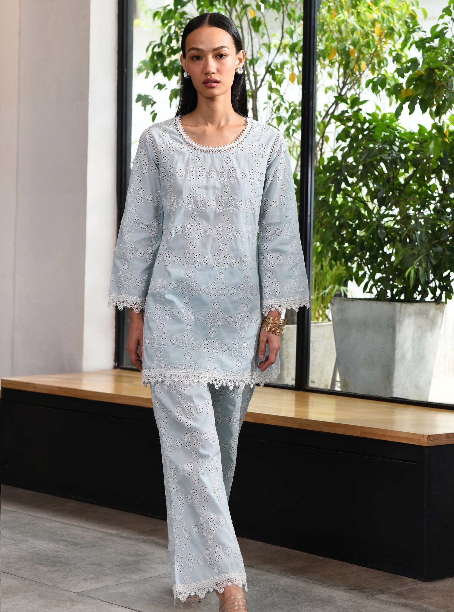 Mulmul Cotton Beverly Blue Top With Beverly Blue Pant