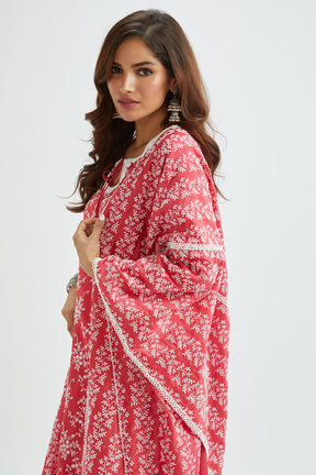 Mulmul Supima Satin Brook Red Kurta With Applique Embroidered Pant