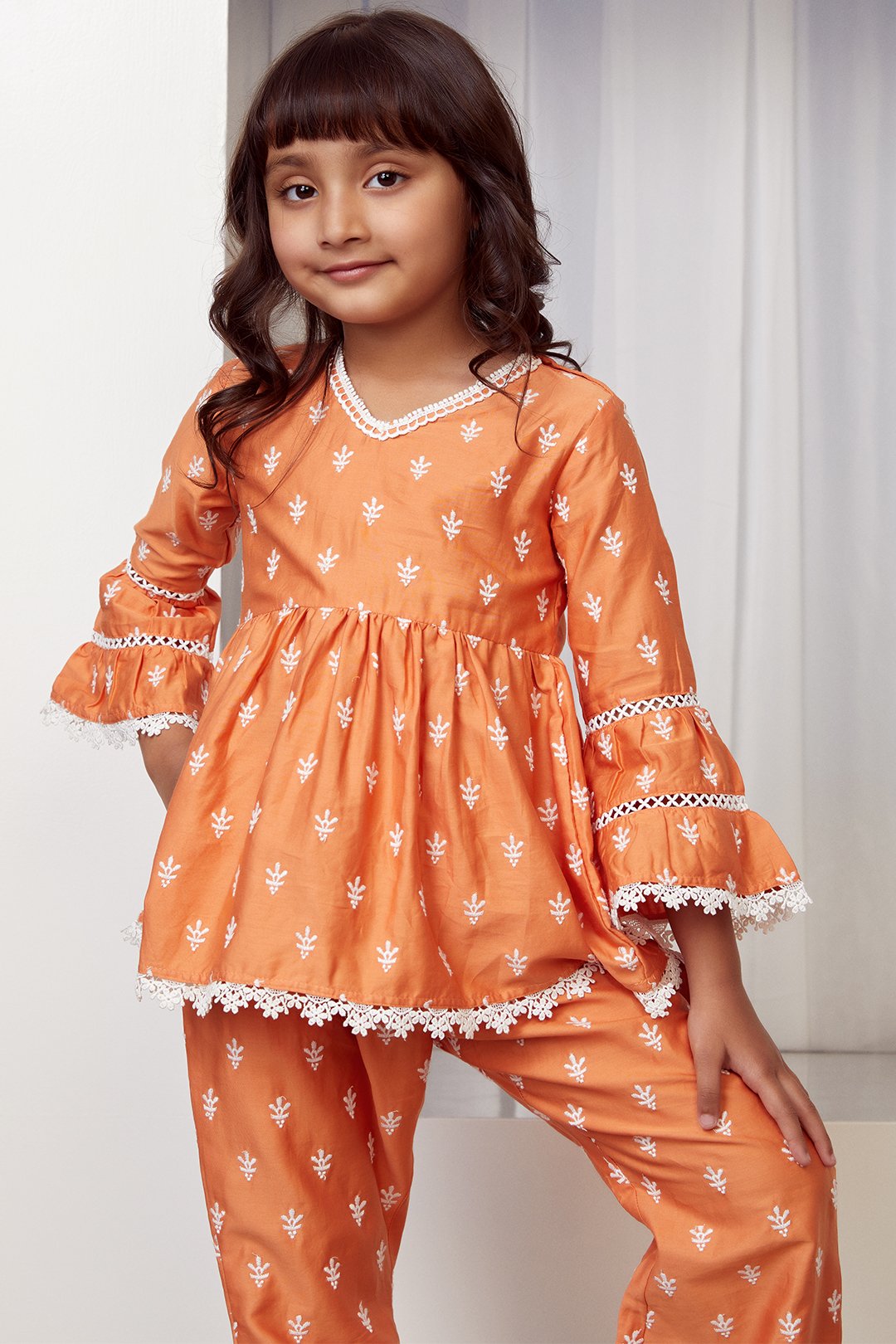 Mulmul Cotton Bud Orange Kurta With Bud Orange Pyajama