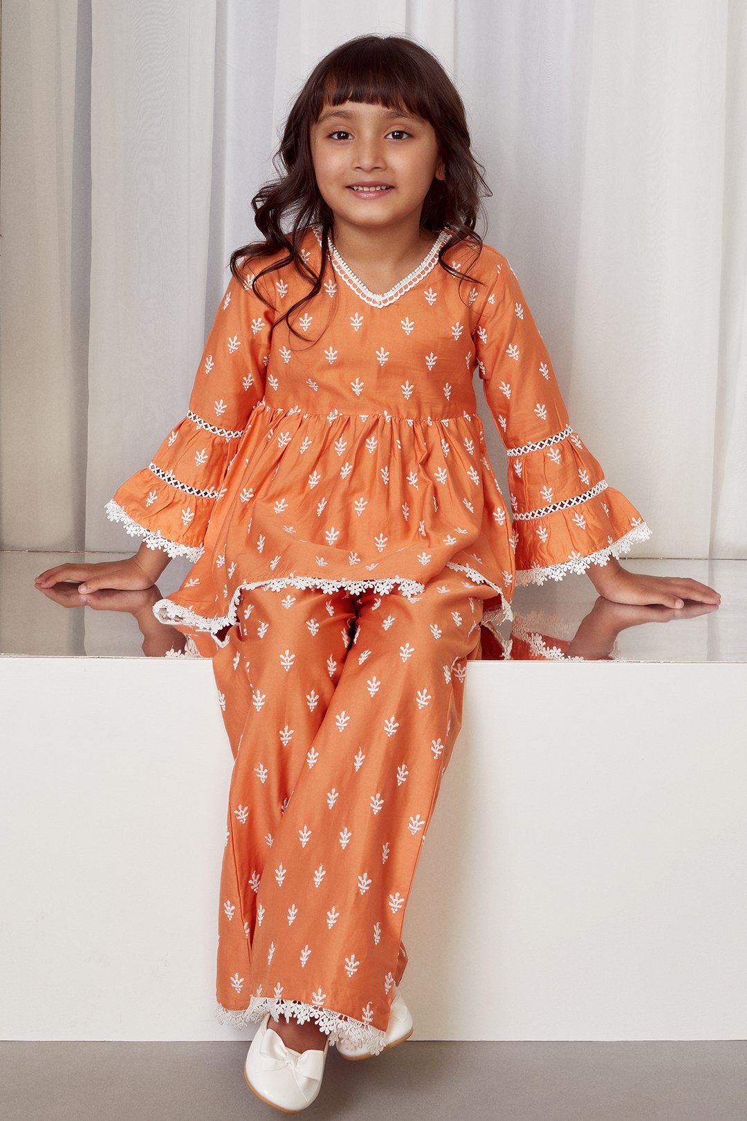 Mulmul Cotton Bud Orange Kurta With Bud Orange Pyajama