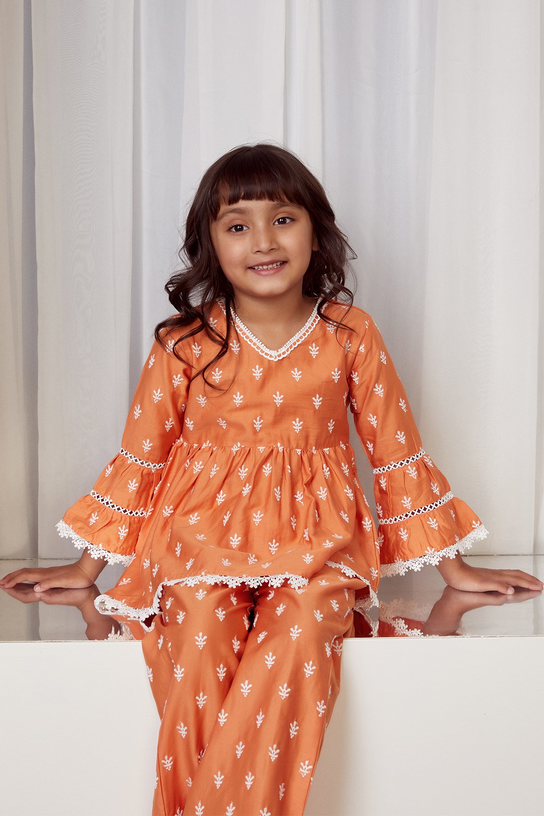 Mulmul Cotton Bud Orange Kurta With Bud Orange Pyajama