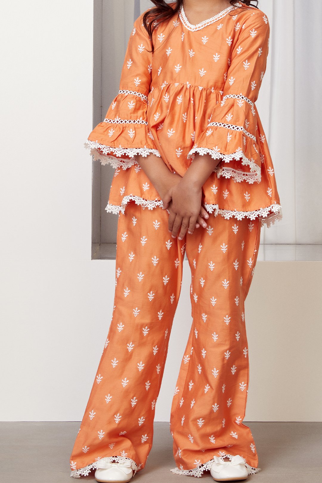 Mulmul Cotton Bud Orange Kurta With Bud Orange Pyajama