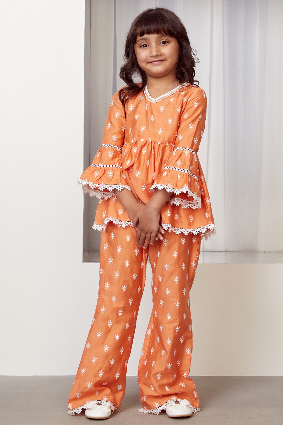 Mulmul Cotton Bud Orange Kurta With Bud Orange Pyajama