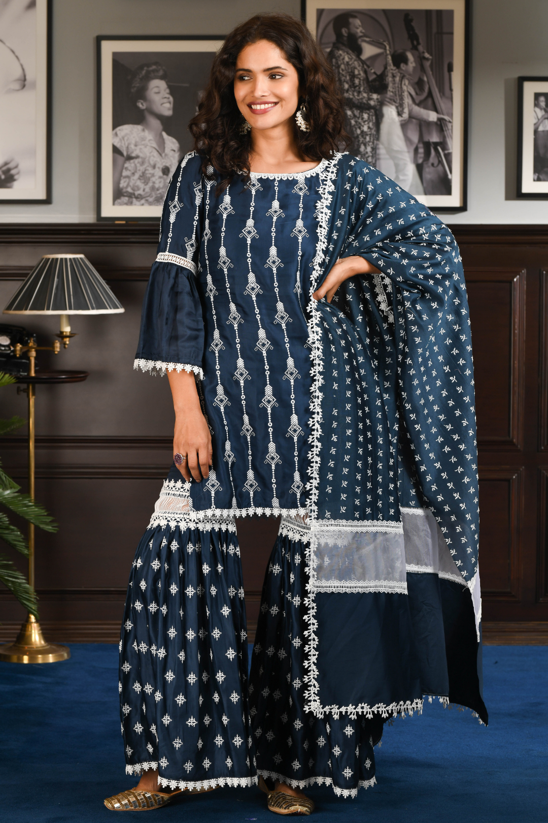 Mulmul Japanese Silk Caia Navy Kurta With Caia Navy Pyajama