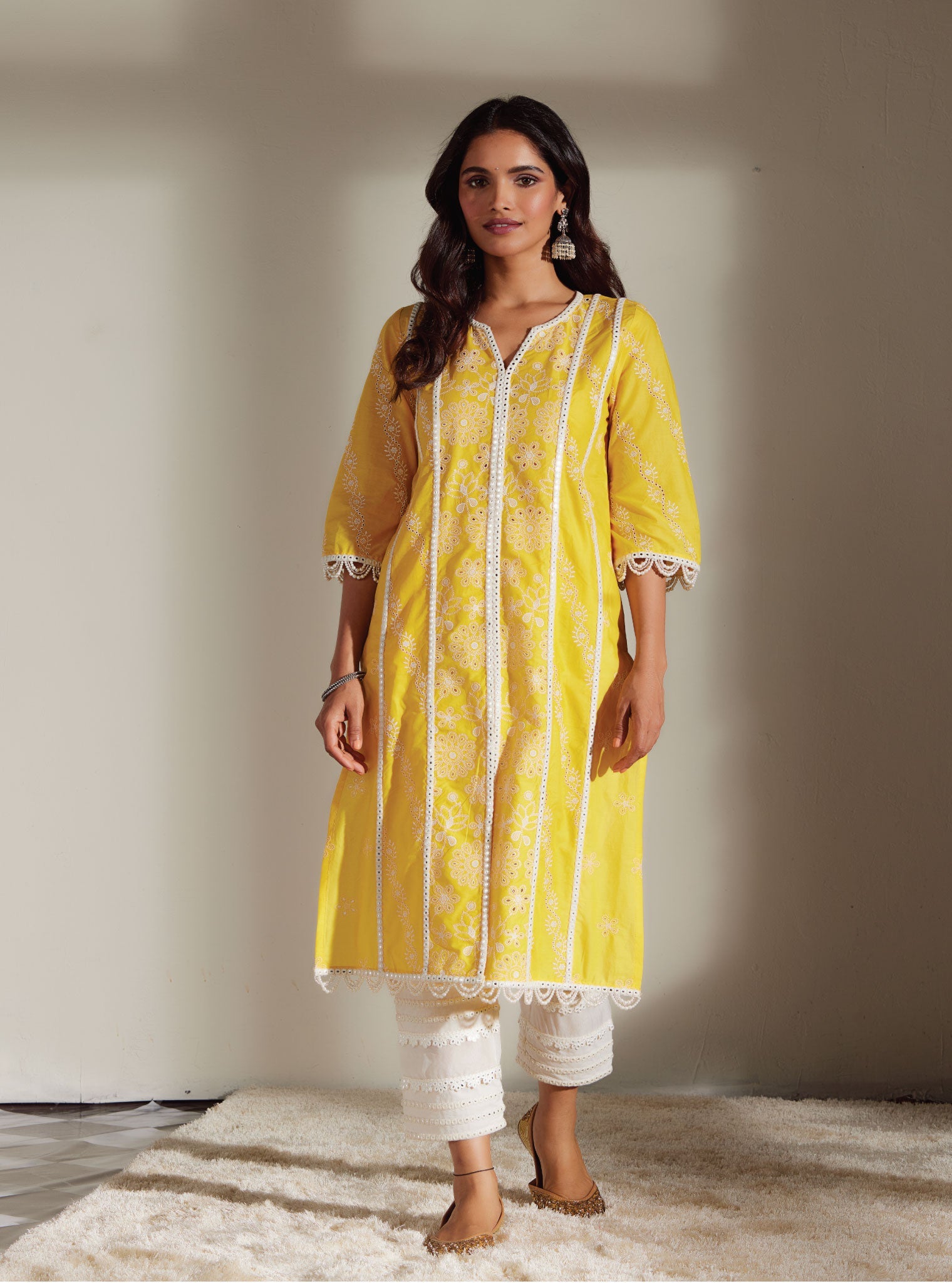 Mulmul Cotton Cara Mango Kurta With Mirror Gota White Pant