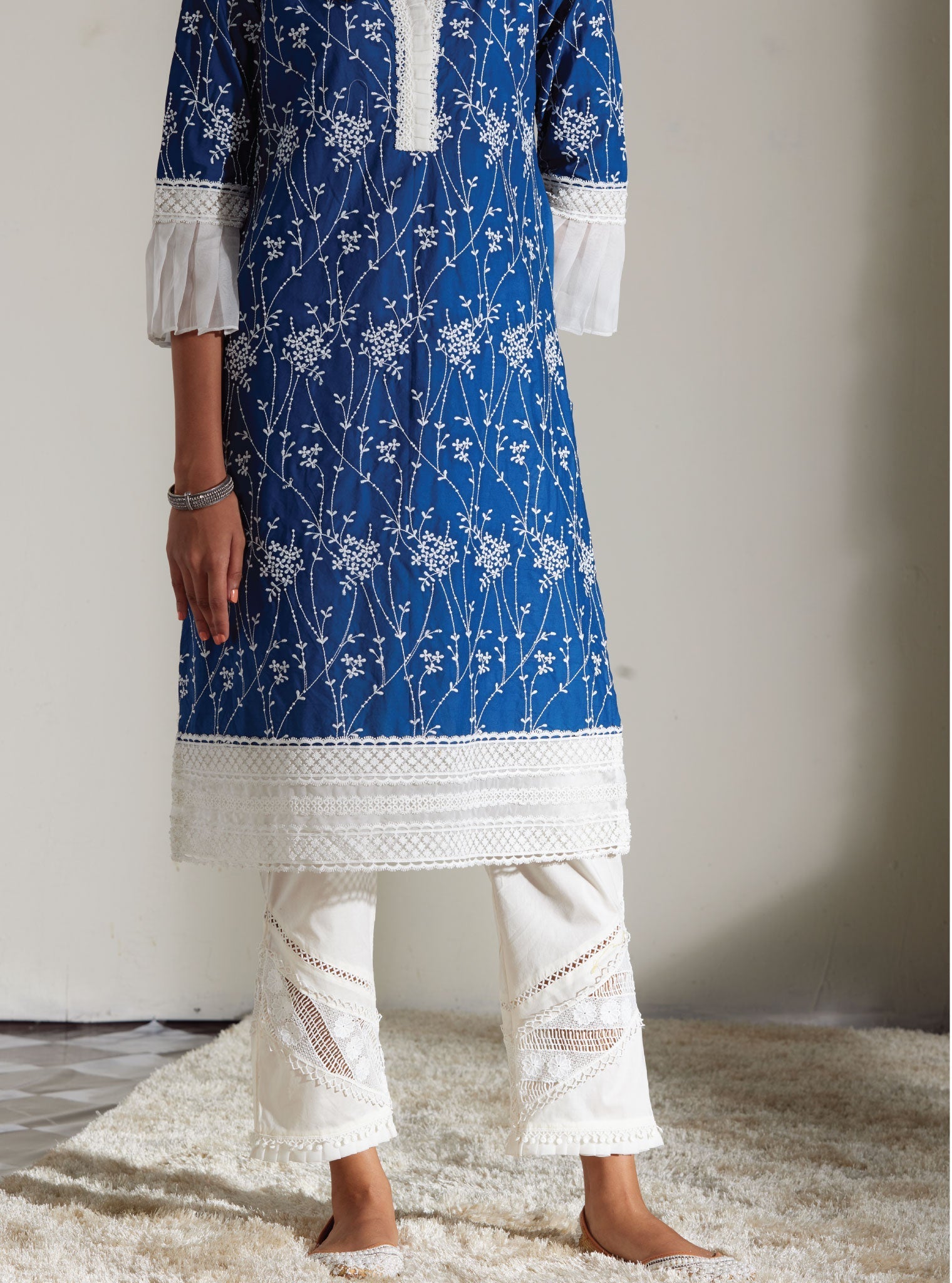 Mulmul Cotton Carmen Navy Kurta With Mulmul Cotton Diagonal Lace White Pant