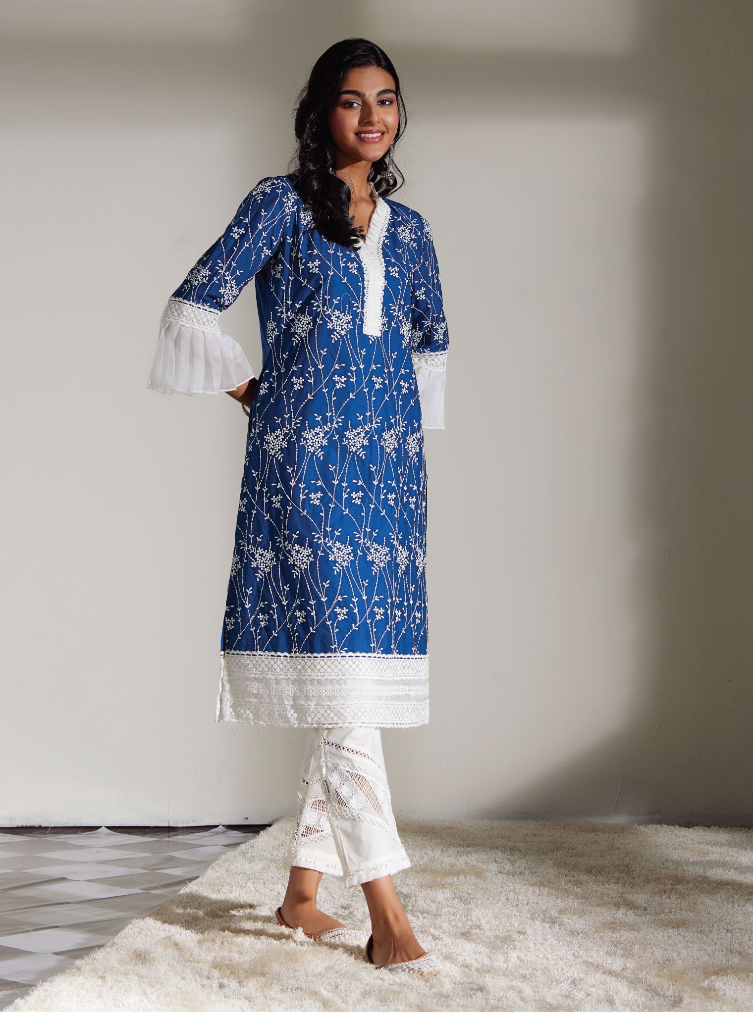 Mulmul Cotton Carmen Navy Kurta With Mulmul Cotton Diagonal Lace White Pant