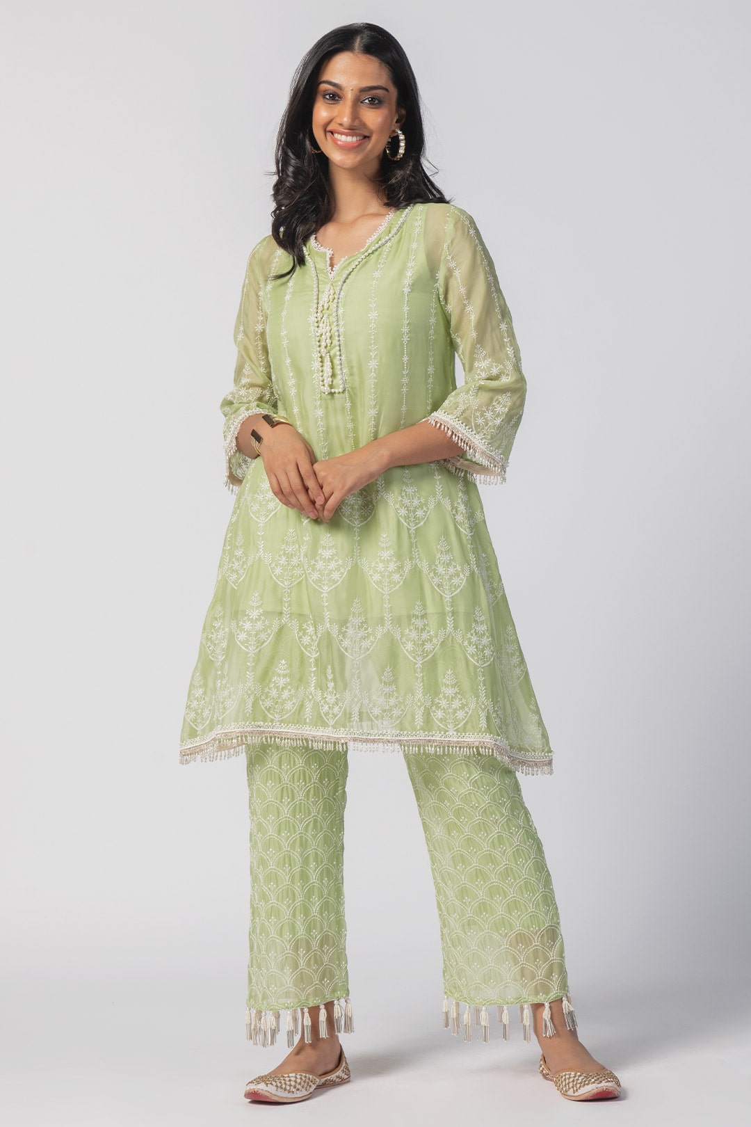 Mulmul Tencel Luxe Organza Celeste Kurta Green With Celeste Pant