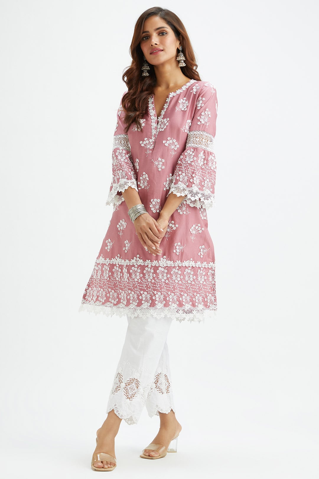 Mulmul Supima satin Celo Mauve Kurta With Applique Embroidered Pant