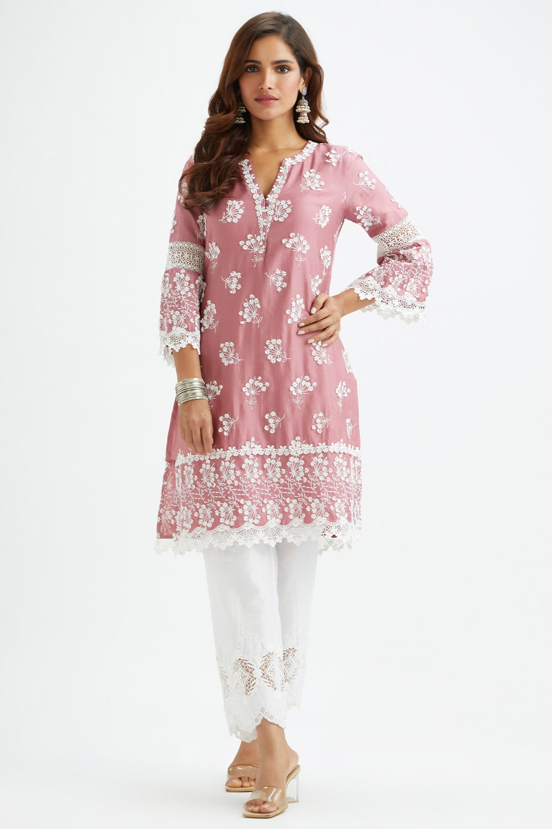 Mulmul Supima satin Celo Mauve Kurta With Applique Embroidered Pant