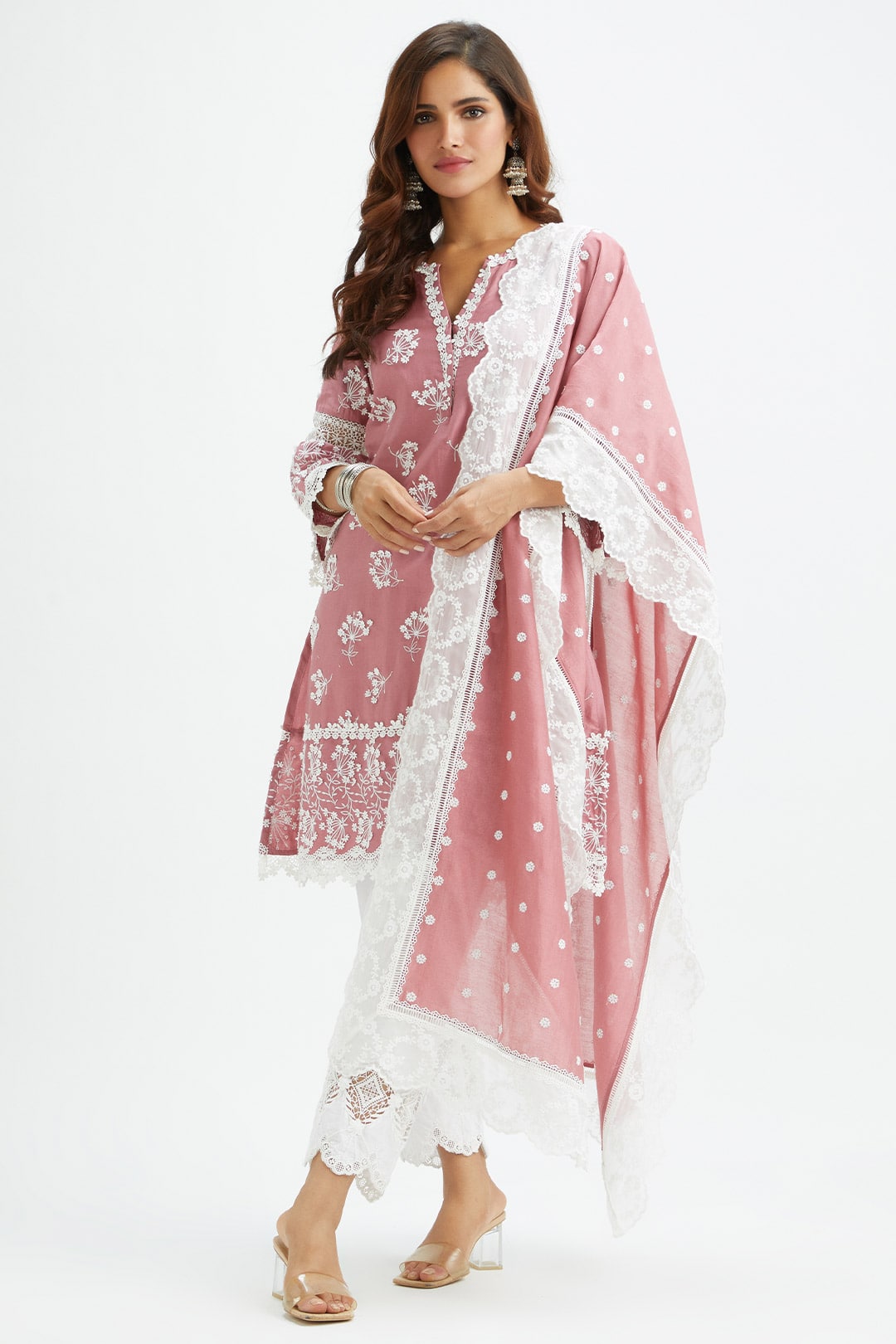 Mulmul Supima satin Celo Mauve Kurta With Applique Embroidered Pant