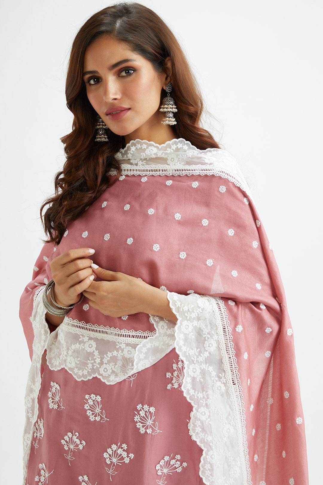 Mulmul Supima satin Celo Mauve Kurta With Applique Embroidered Pant