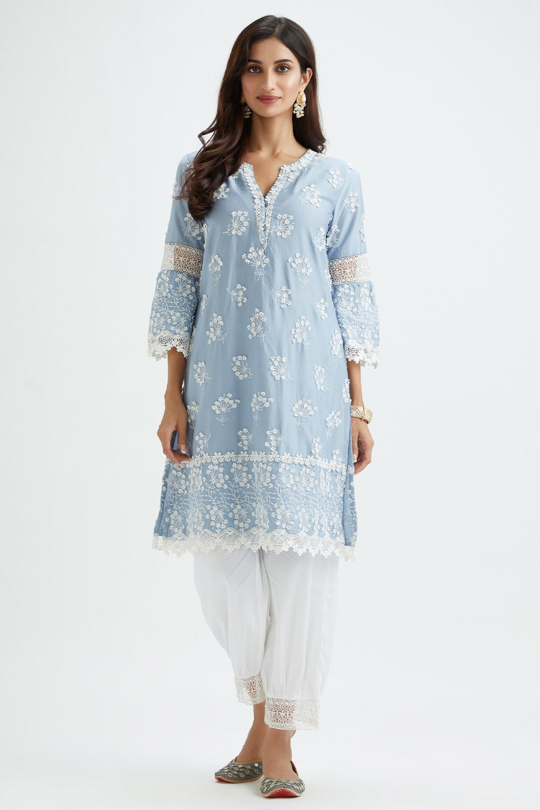 Mulmul Supima satin Celo Blue Kurta With Lax Blue Harem Pant