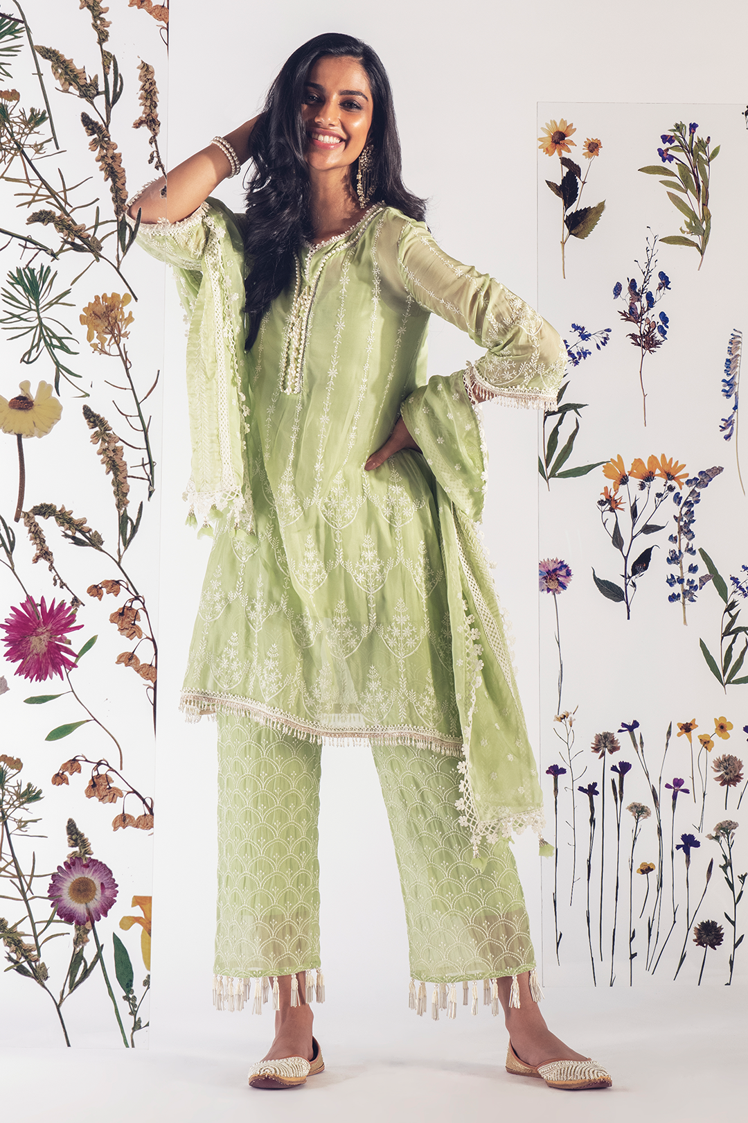 Mulmul Tencel Luxe Organza Celeste Kurta Green With Celeste Pant