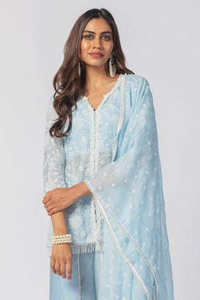 Mulmul Tencel Luxe Organza Claire Blue Kurta With Cupro Claire Dhoti Blue Pant