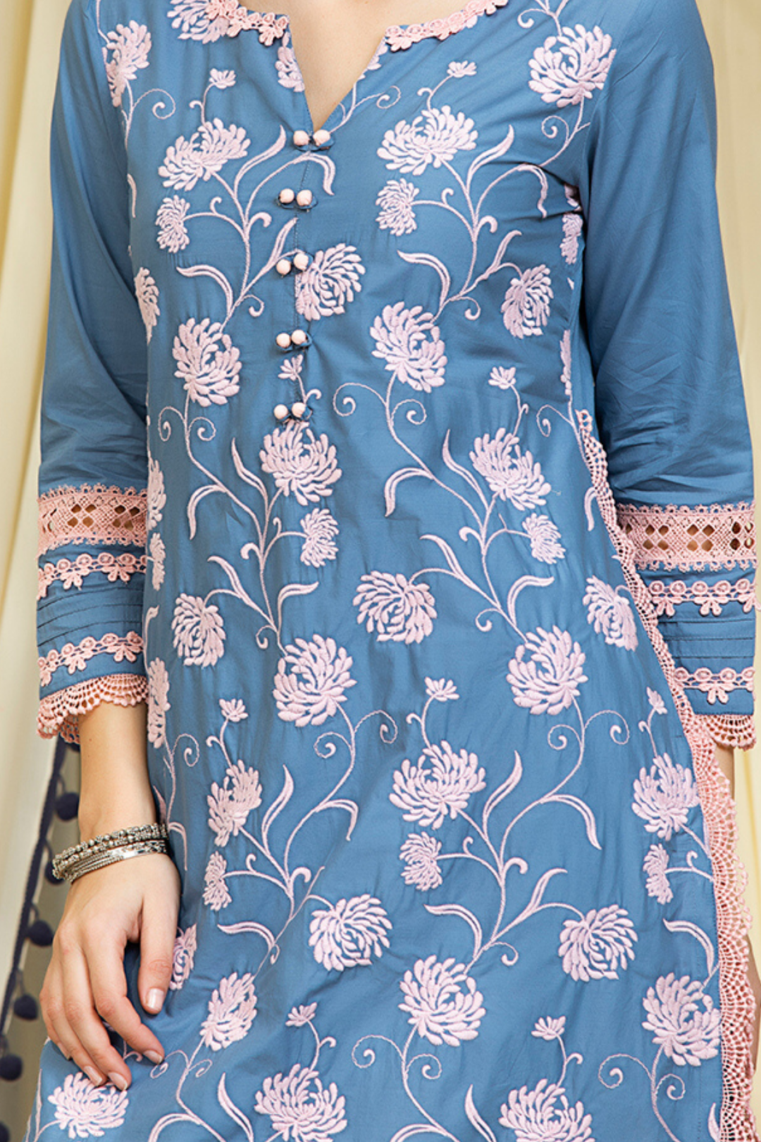 Mulmul Cotton Claudia Kurta Denim With Fern Cotton Pyajama