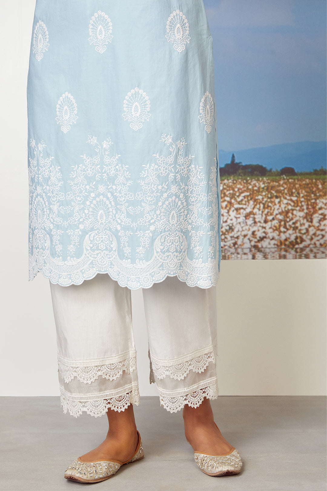 Mulmul Cotton Dreamscape Light Blue Kurta