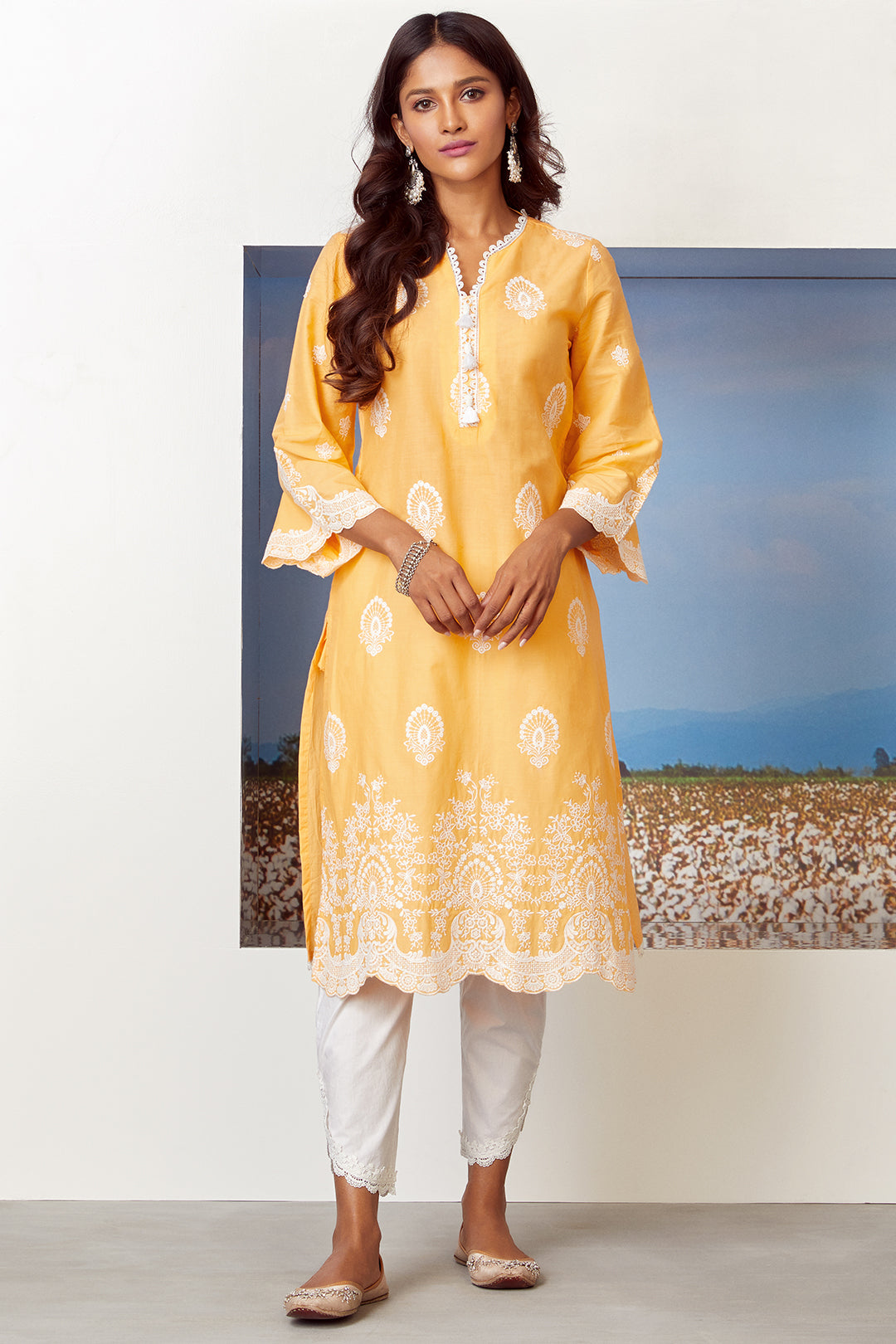 Mulmul Cotton Dreamscape Orange Kurta