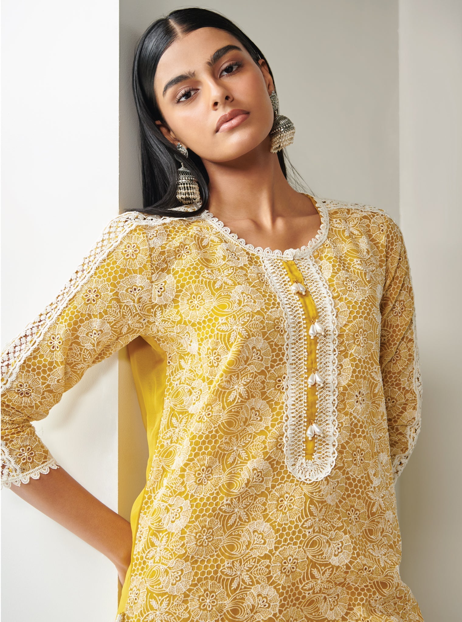 Mulmul Organza Demi Yellow Kurta With Mulmul Georgette Demi Yellow Garara