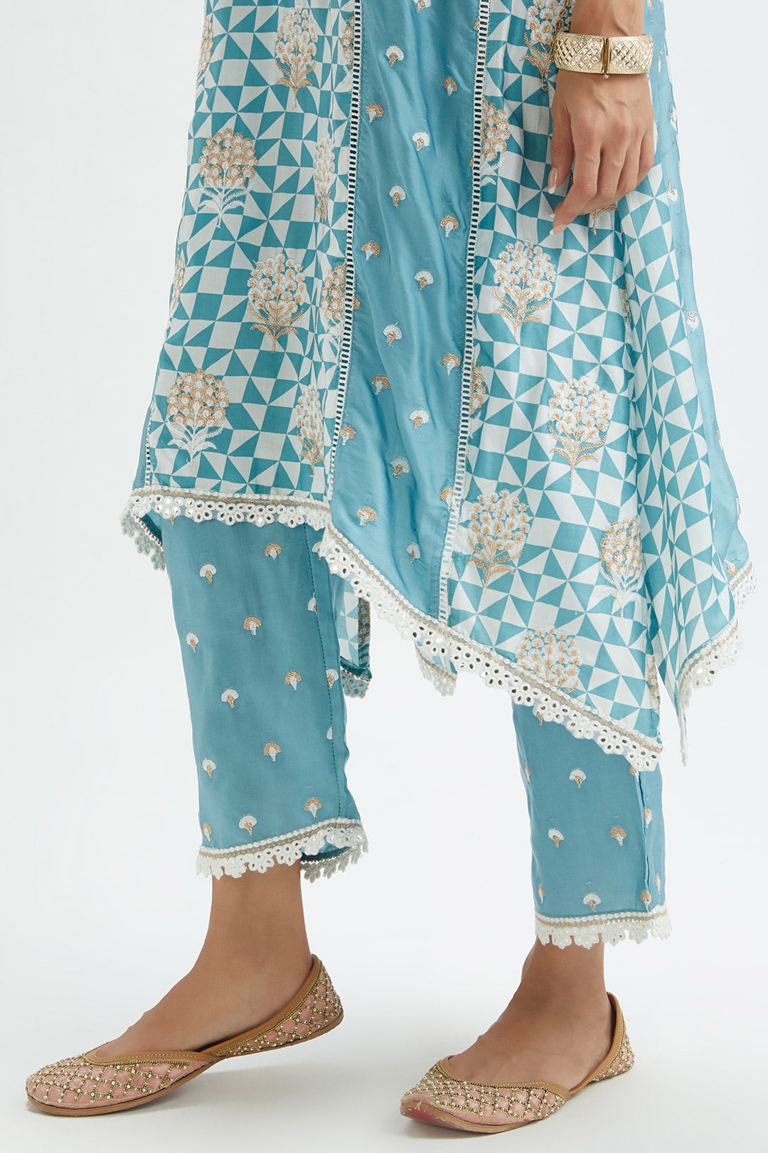 Mulmul Cupro Silk Derby Teal Kurta With Derby Teal Pant