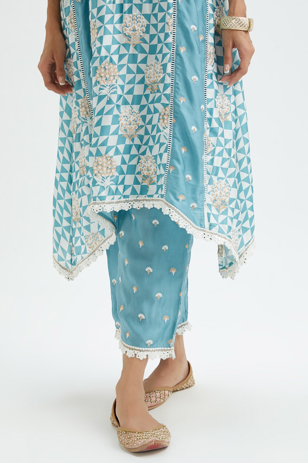 Mulmul Cupro Silk Derby Teal Kurta With Derby Teal Pant