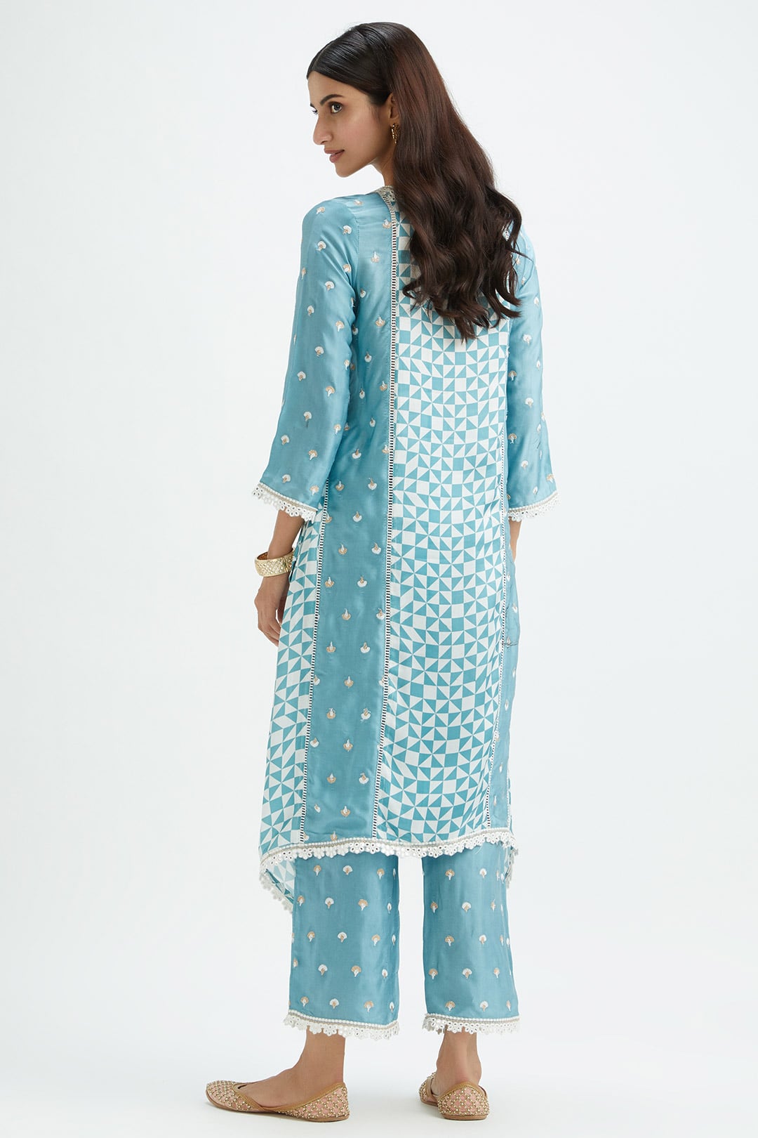 Mulmul Cupro Silk Derby Teal Kurta With Derby Teal Pant