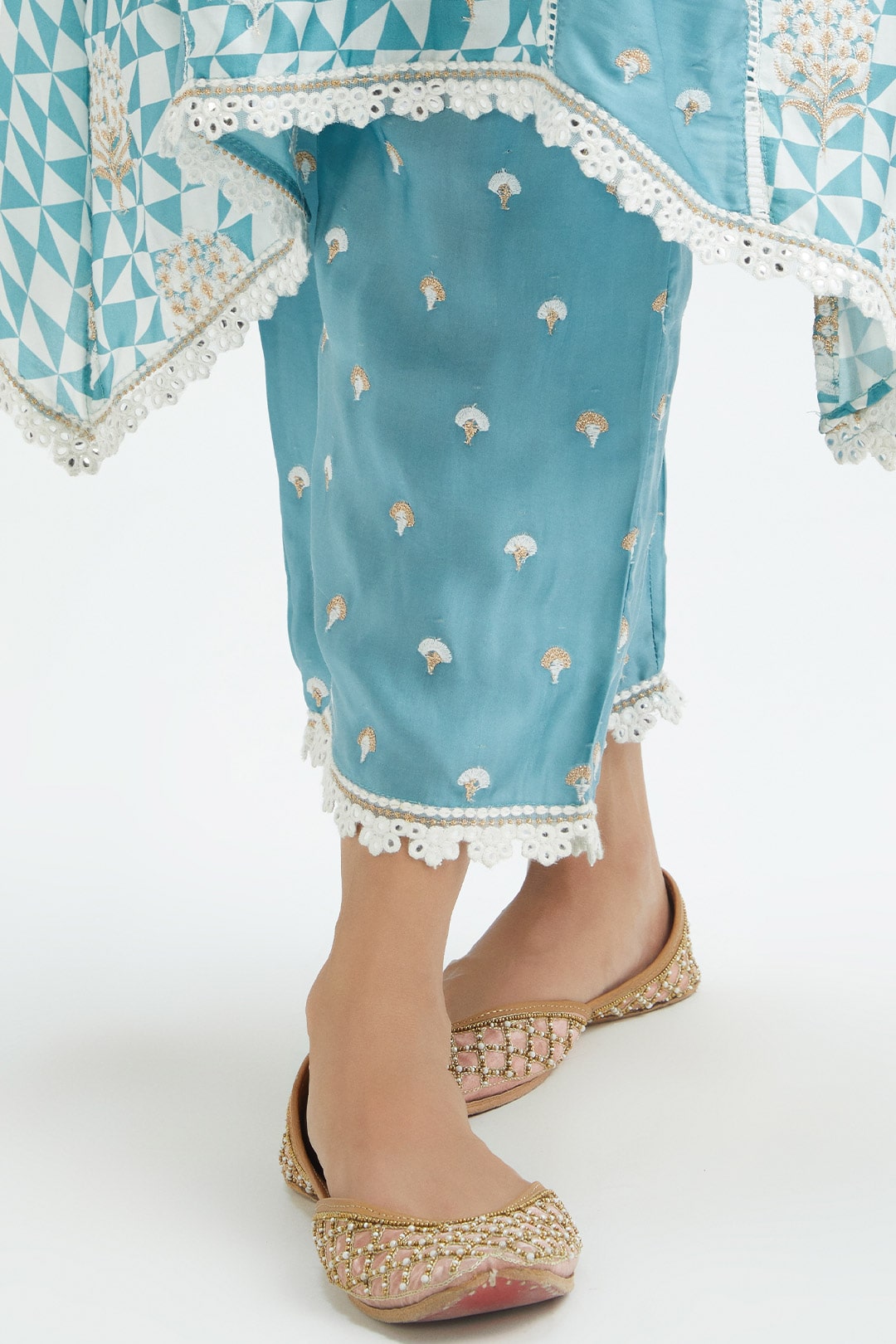 Mulmul Cupro Silk Derby Teal Kurta With Derby Teal Pant