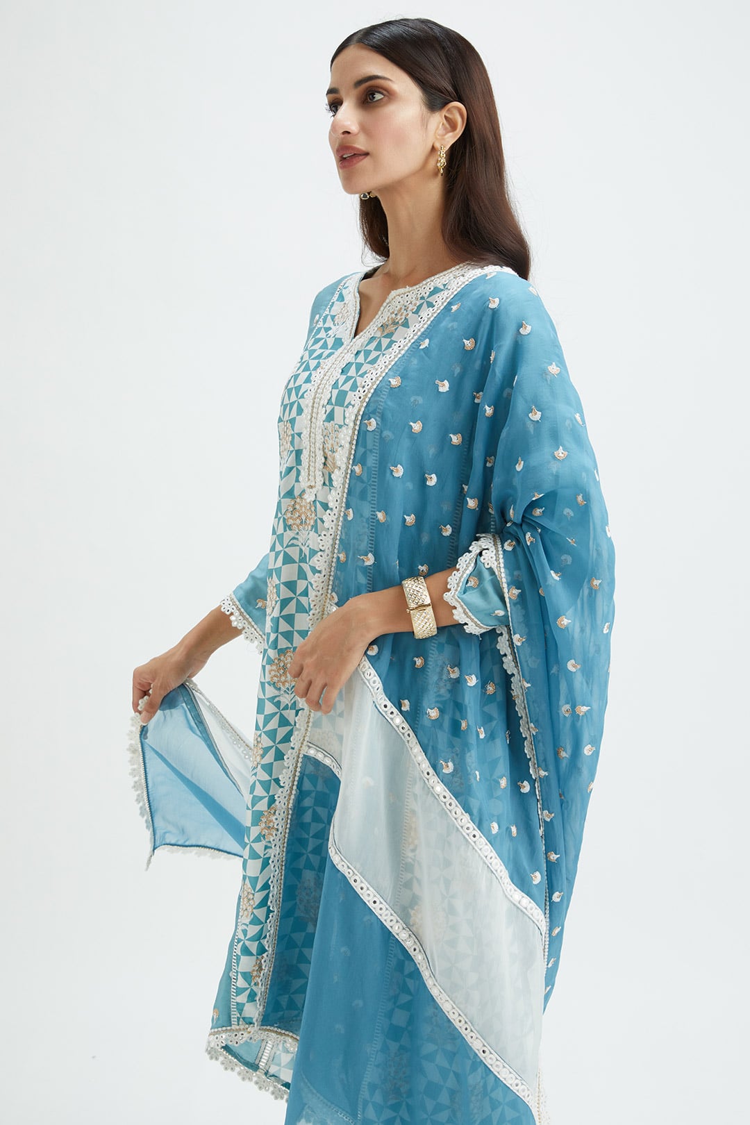 Mulmul Cupro Silk Derby Teal Kurta With Derby Teal Pant