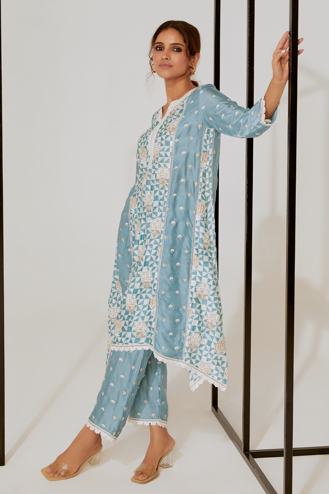 Mulmul Cupro Silk Derby Teal Kurta With Derby Teal Pant