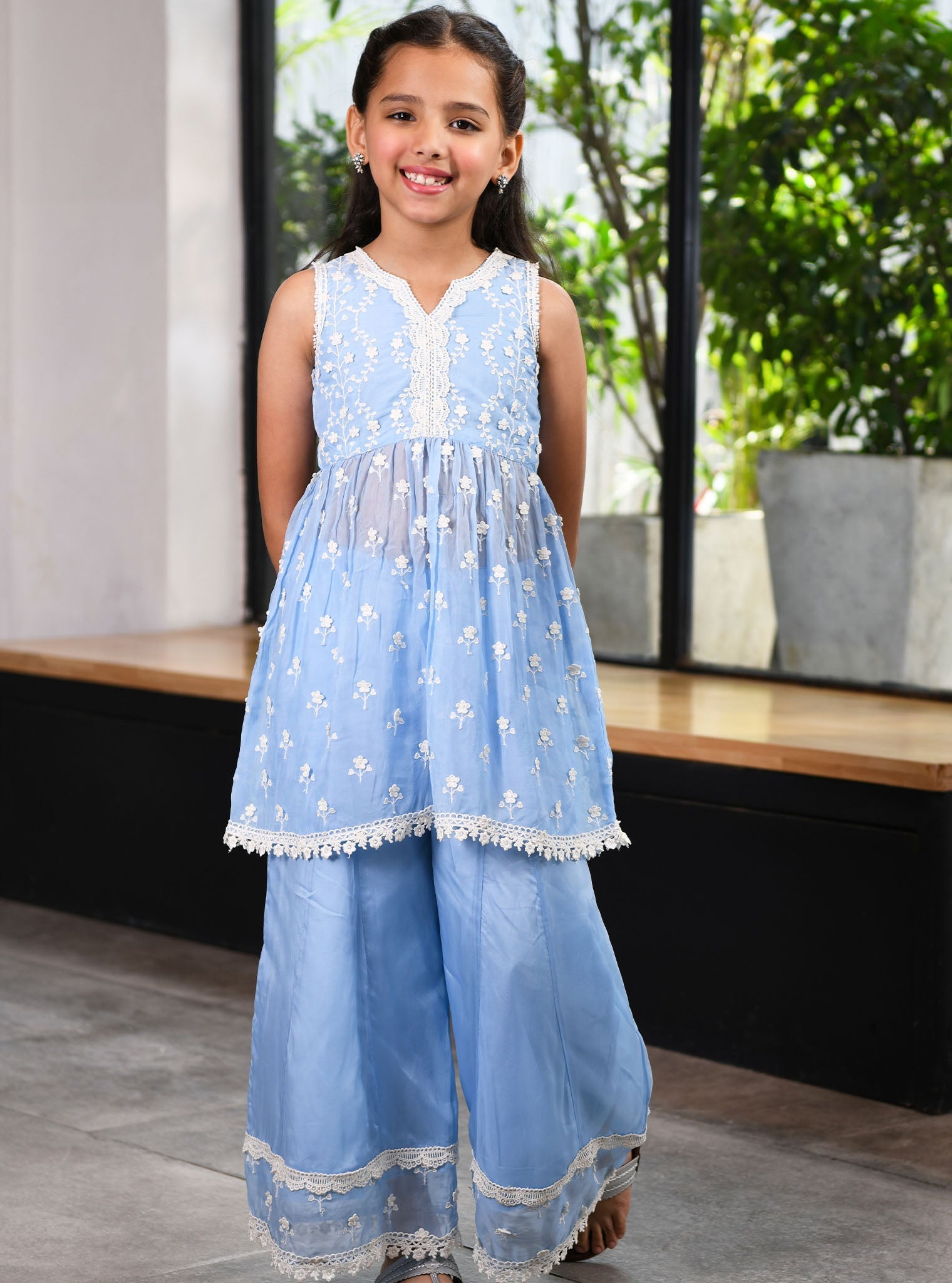 Mulmul Organza Destiny Blue Kurta With Destiny Blue Sharara