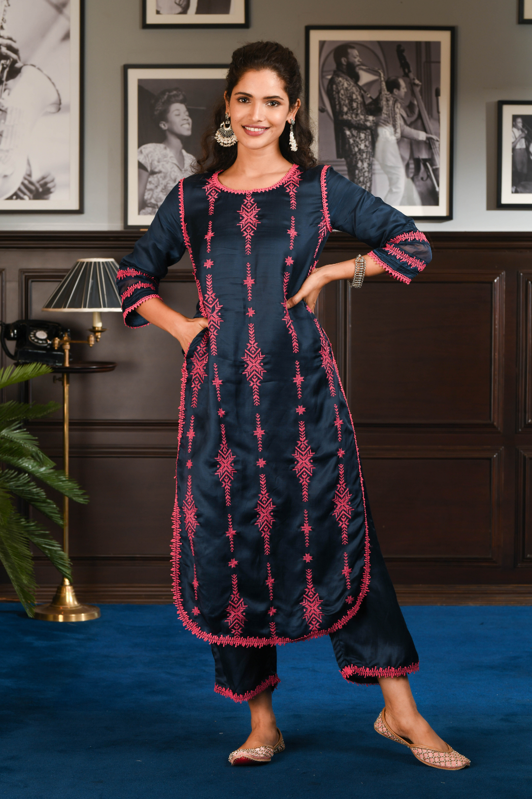 Mulmul Japanese Silk Dita Navy Kurta with Dita Navy Pants