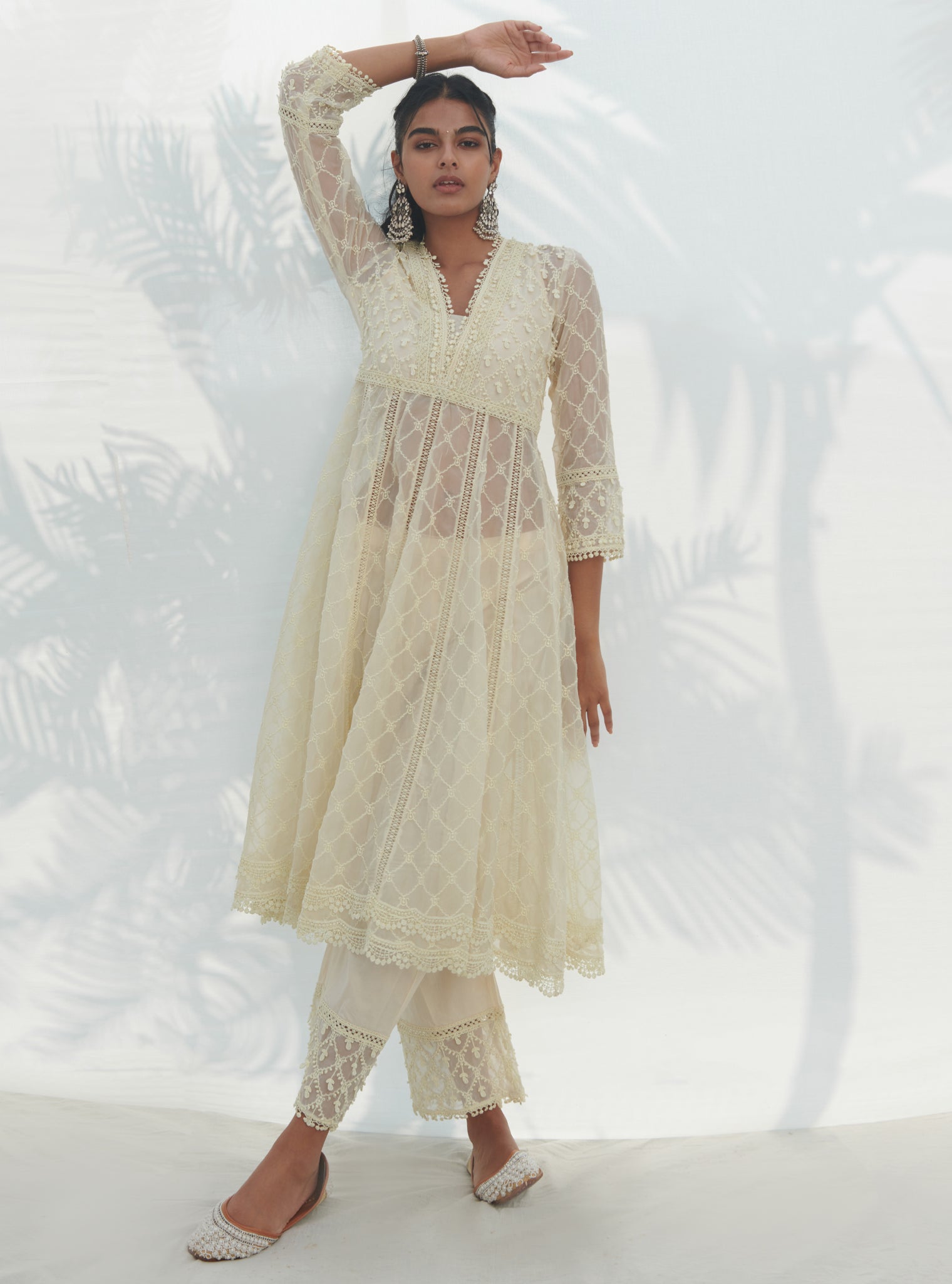 Mulmul Organza Anarkali Dori White Kurta With Mulmul Cotton Dori White Pant