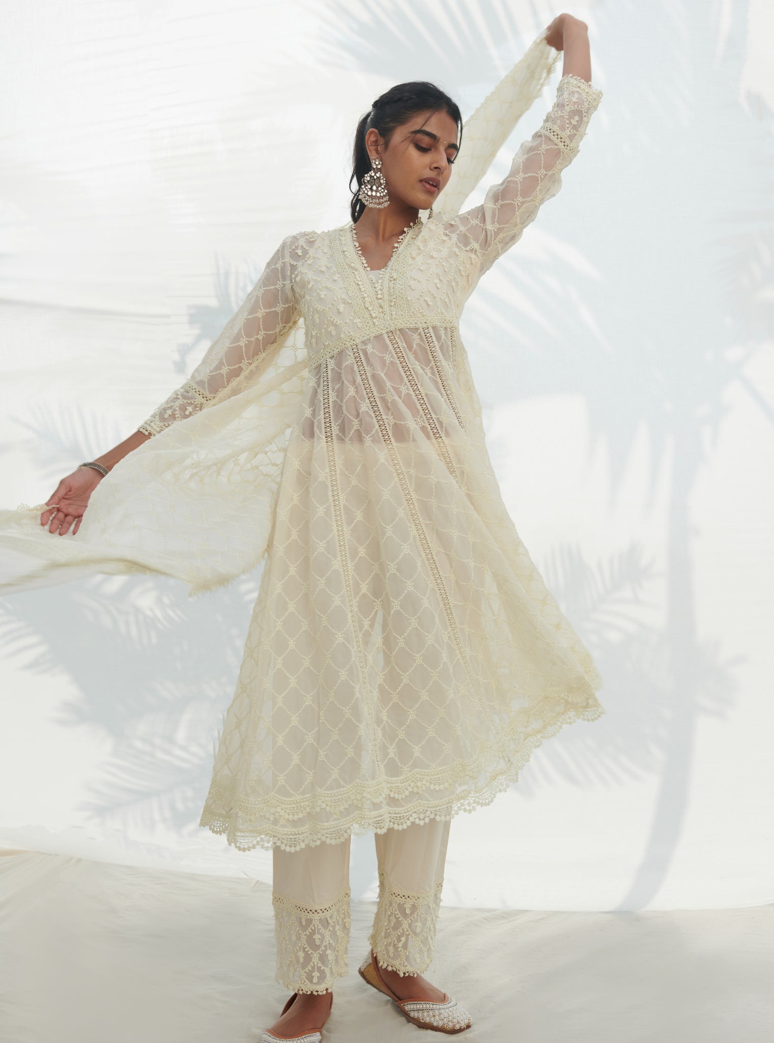 Mulmul Organza Anarkali Dori White Kurta With Mulmul Cotton Dori White Pant