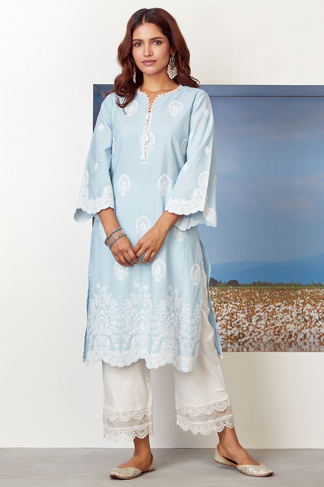 Mulmul Cotton Dreamscape Light Blue Kurta