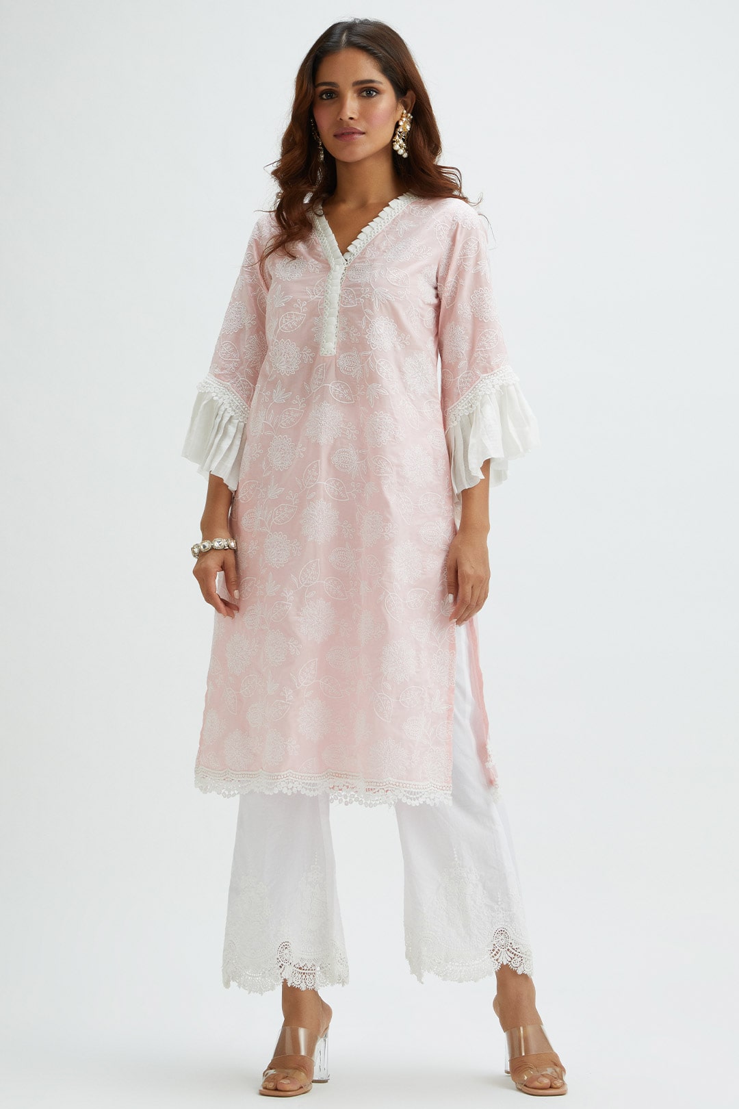 Mulmul Cotton Dunlin Pink Kurta With Emb Bellbottom White Pyajama