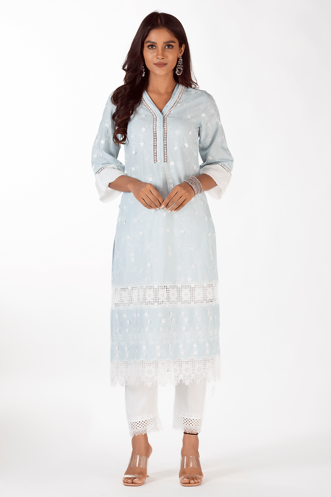 Mulmul Cotton Echo Light Blue Kurta With Sage Pant White