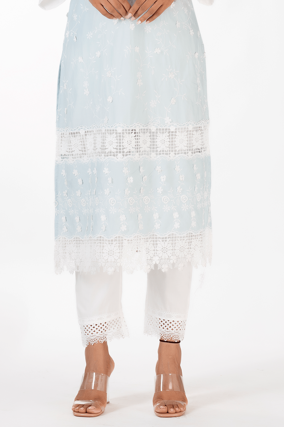 Mulmul Cotton Echo Light Blue Kurta With Sage Pant White