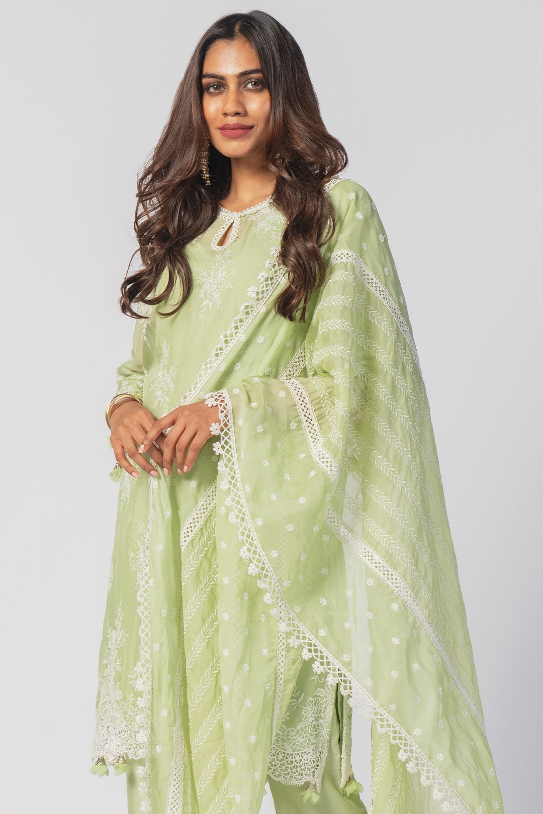 Mulmul Tencel Luxe Organza Eden Green Kurta With Supima Cotton Eden Green Pant