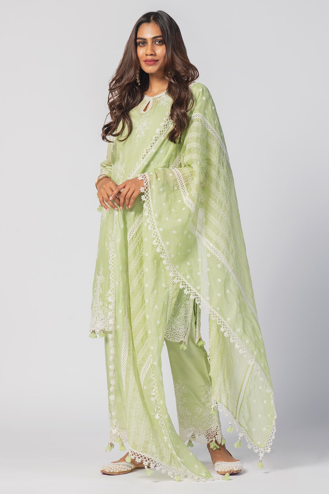 Mulmul Tencel Luxe Organza Eden Green Kurta With Supima Cotton Eden Green Pant