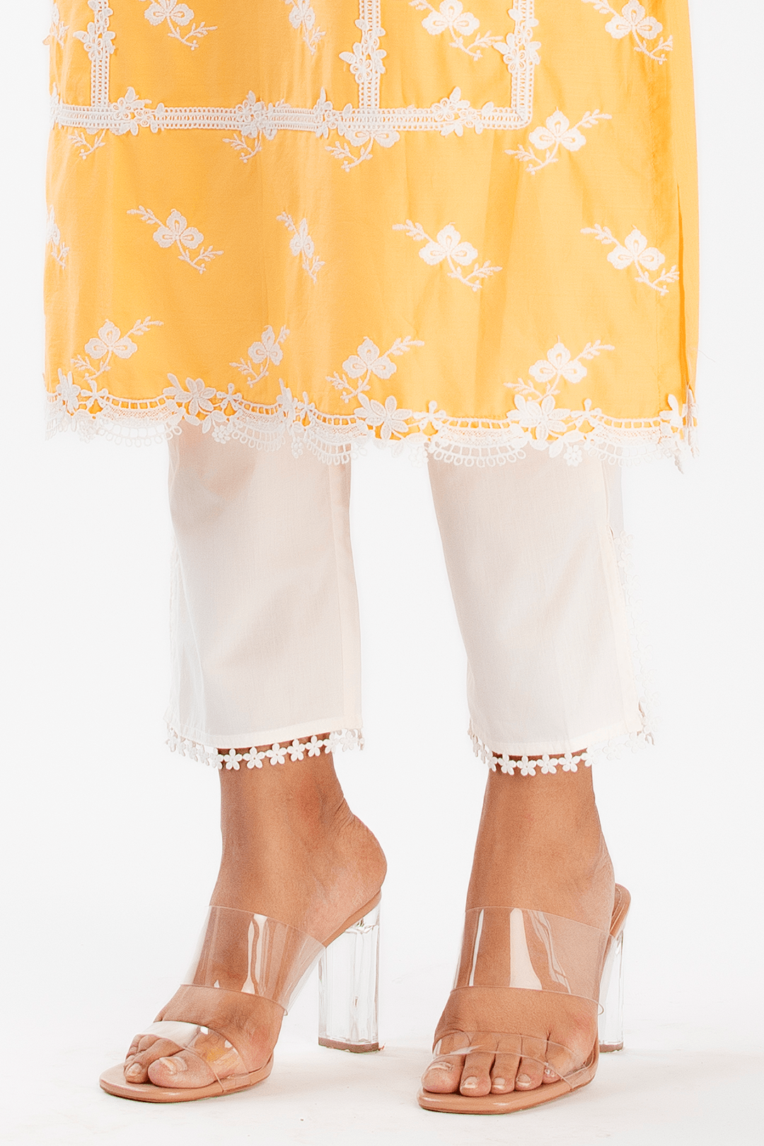 Mulmul Cotton Eternity Orange Kurta With Slit Pant White