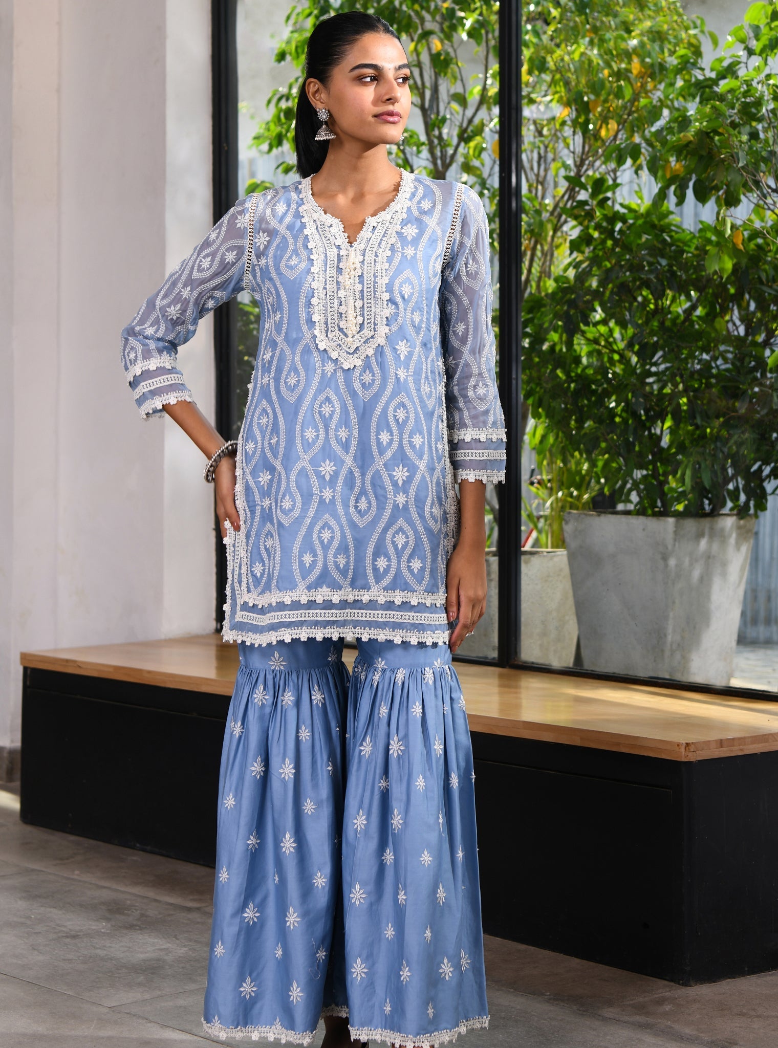 Mulmul Organza Faeleen Blue Kurta With Mulmul Pima Faeleen Blue Garara