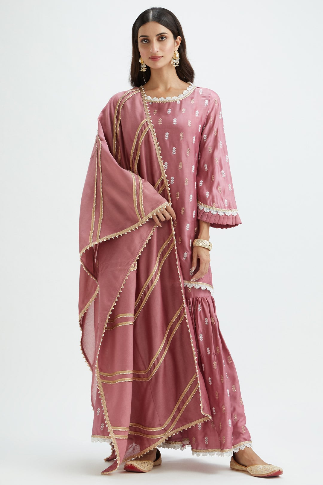 Mulmul Cupro Silk Florence Mauve Kurta With Florence Mauve Garara