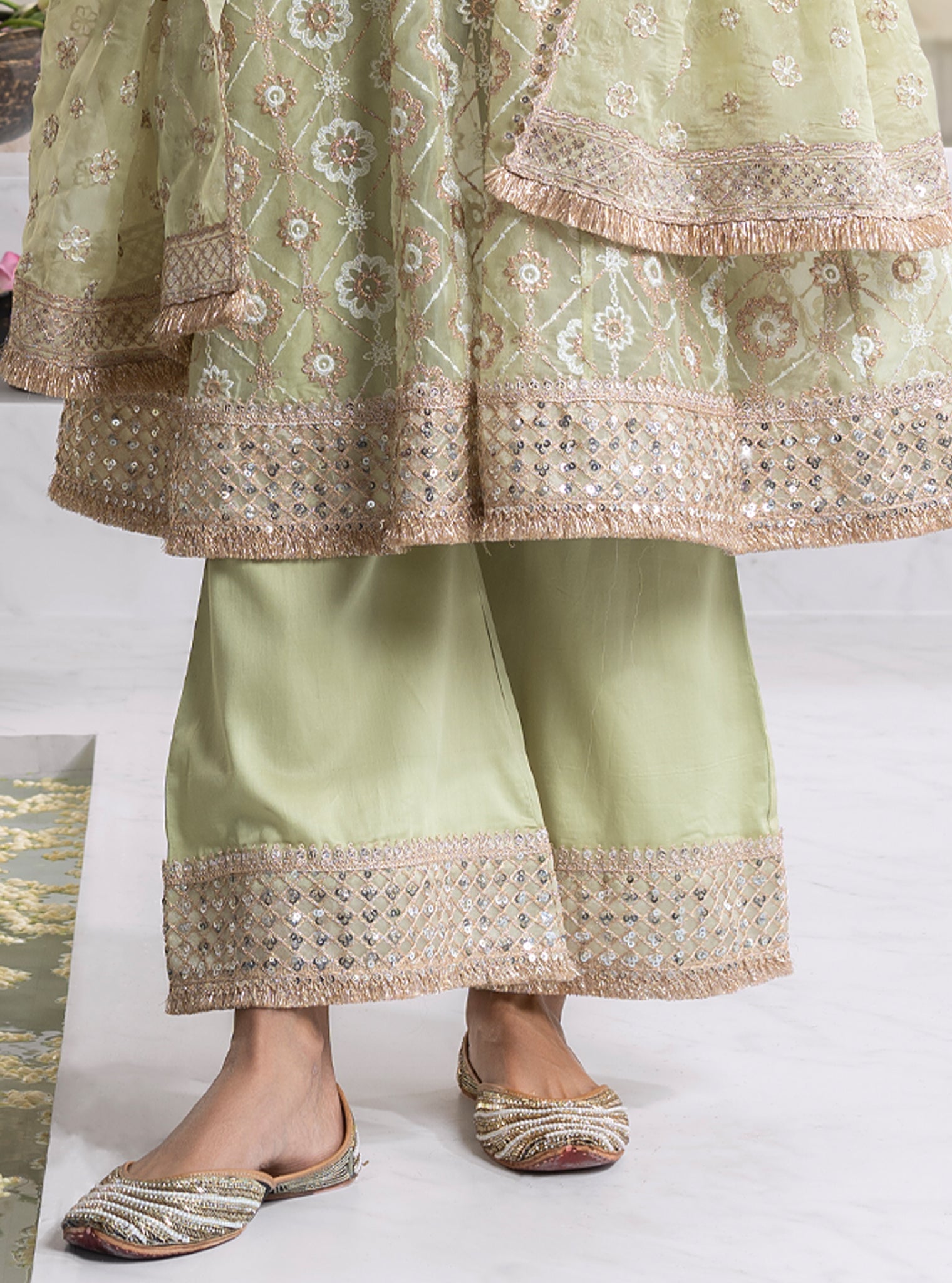 Mulmul Organza Ghoomar Anarkali Green Kurta With Mulmul Pima Ghoomar Green Pant