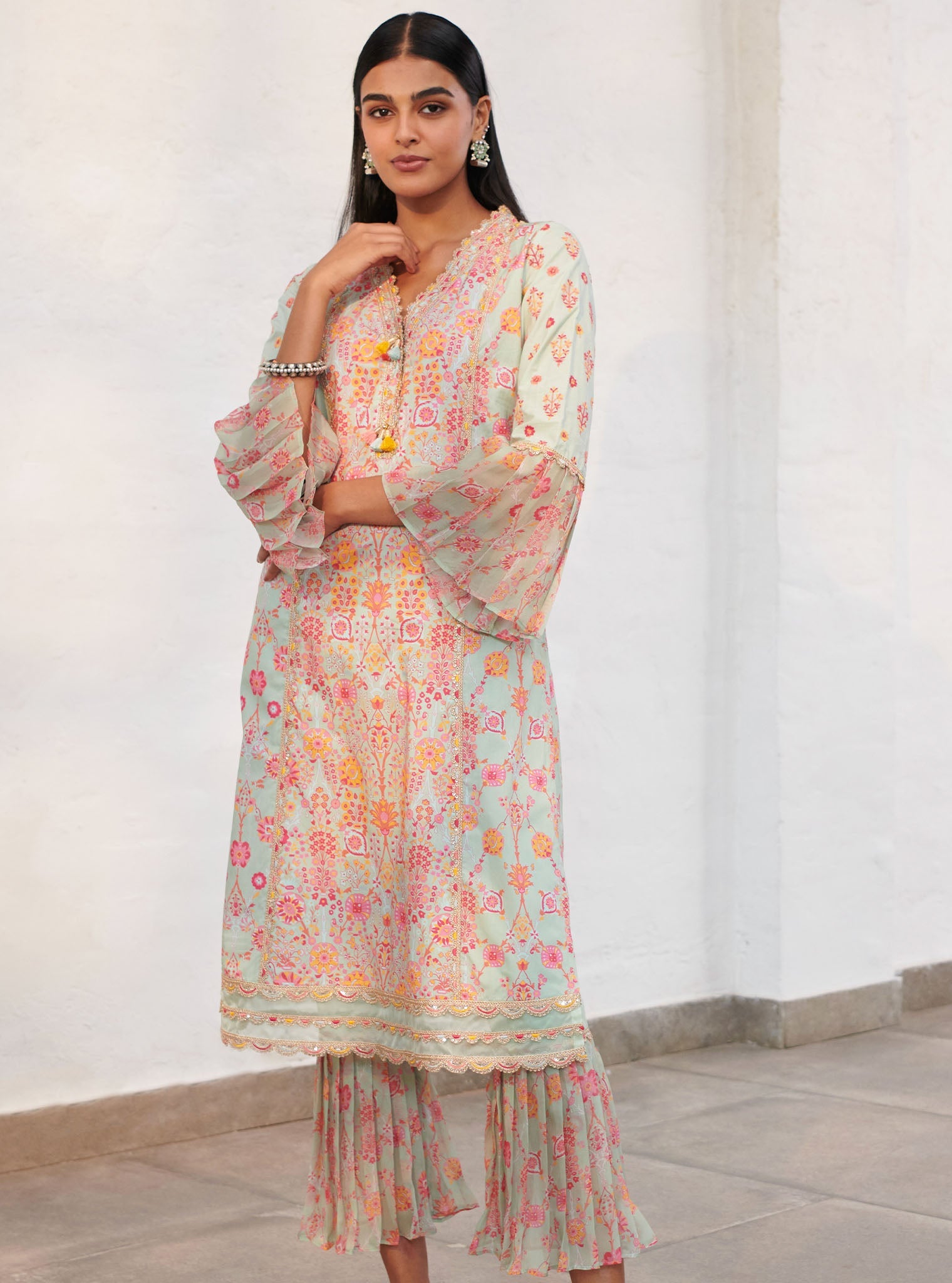 Mulmul Cotton Isla Green Kurta With Isla Green Pant