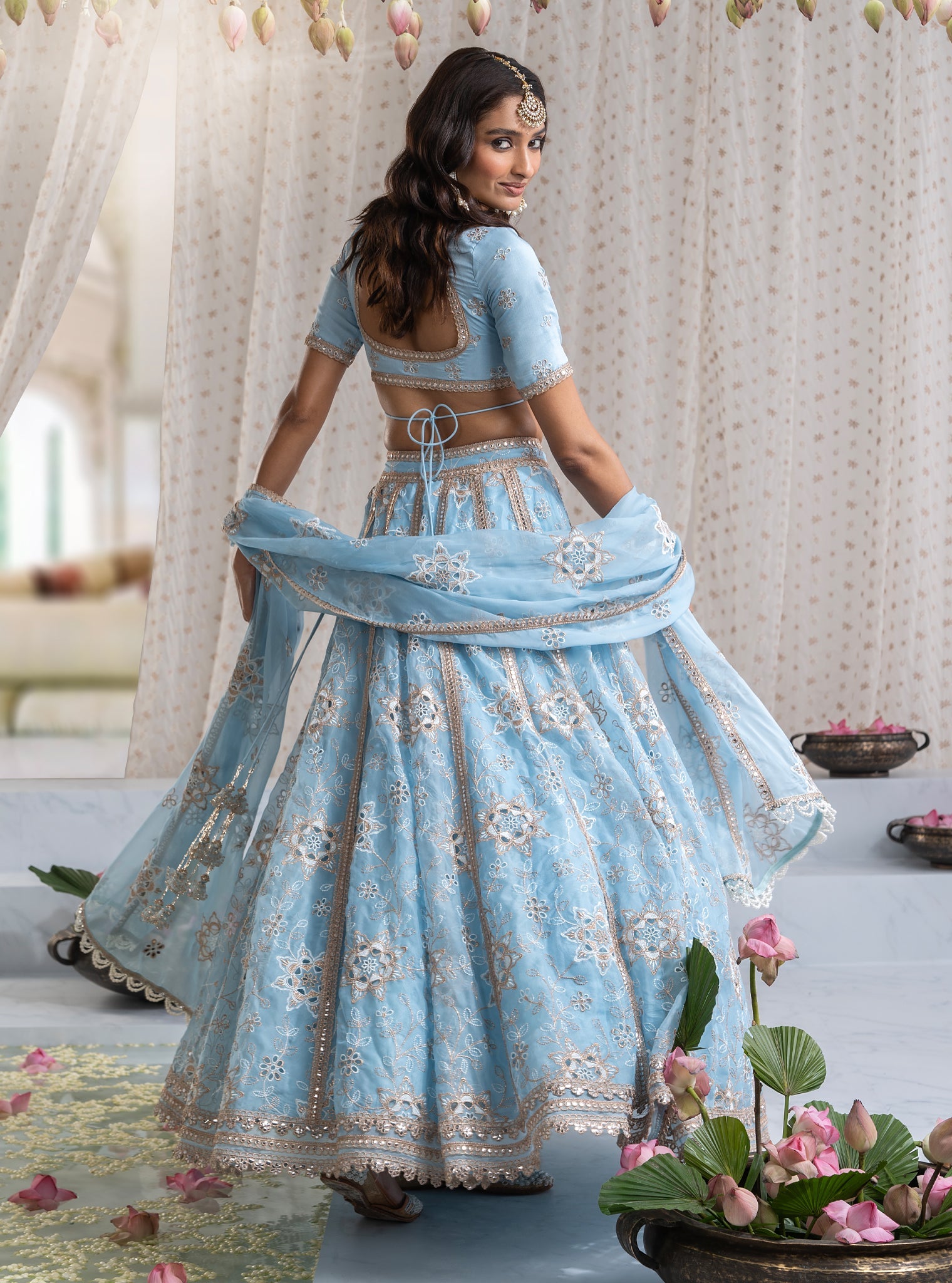 Mulmul Organza Kamali Blue Lehenga