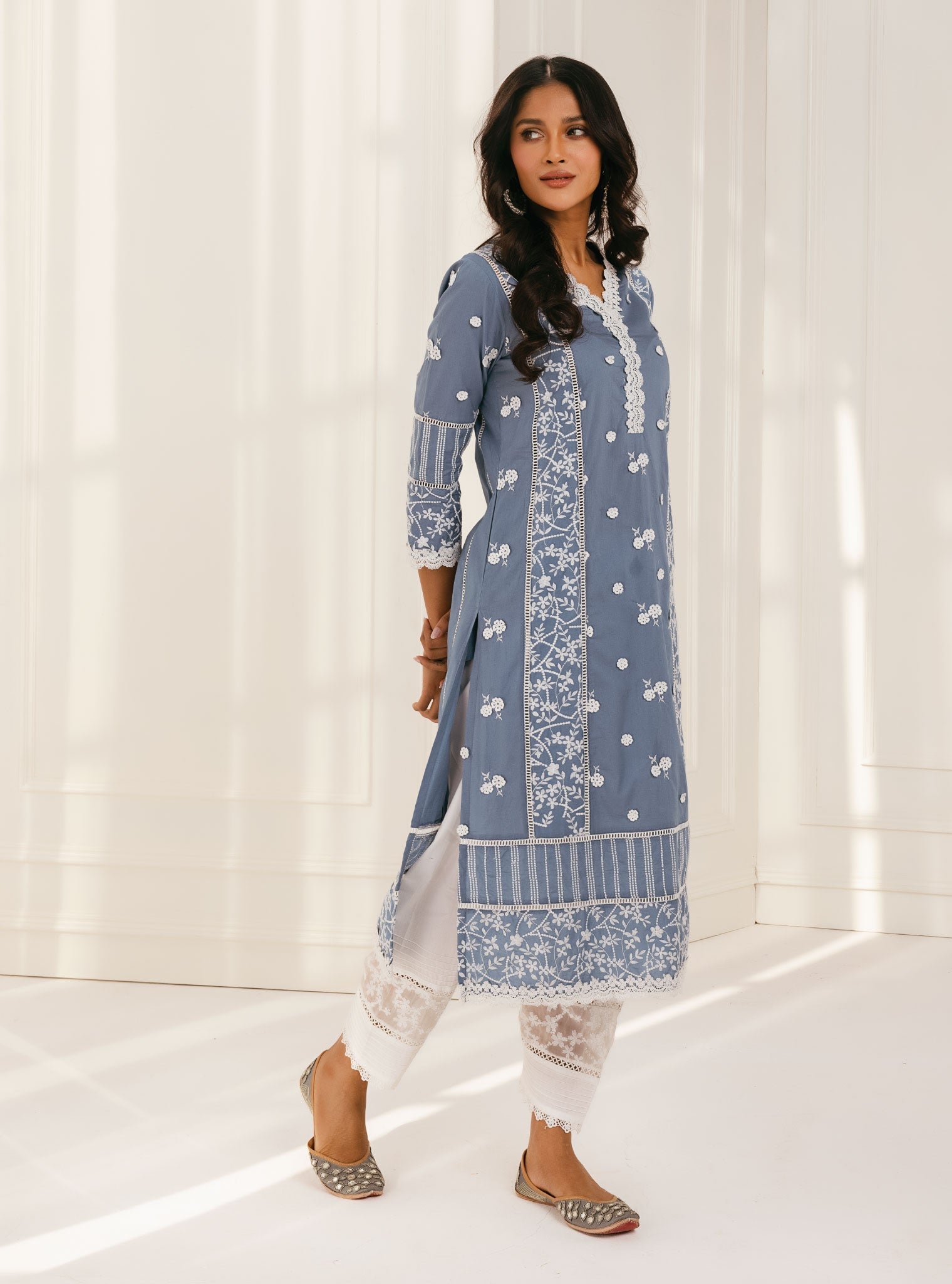 Mulmul Cotton Kaza Blue Kurta