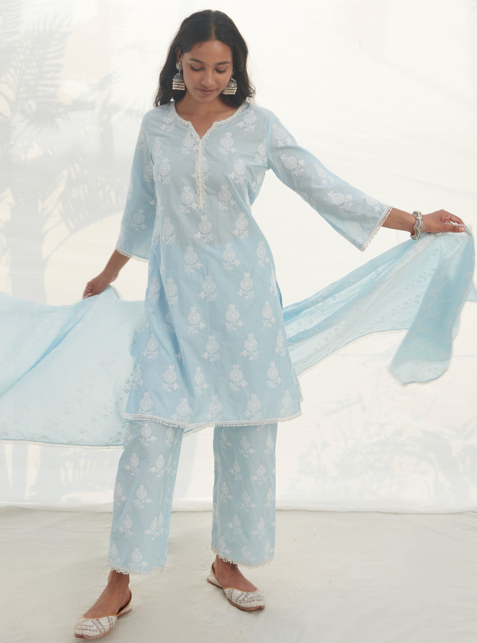 Mulmul Cotton Kelil Blue Kurta With Mulmul Cotton Kelil Blue Pant