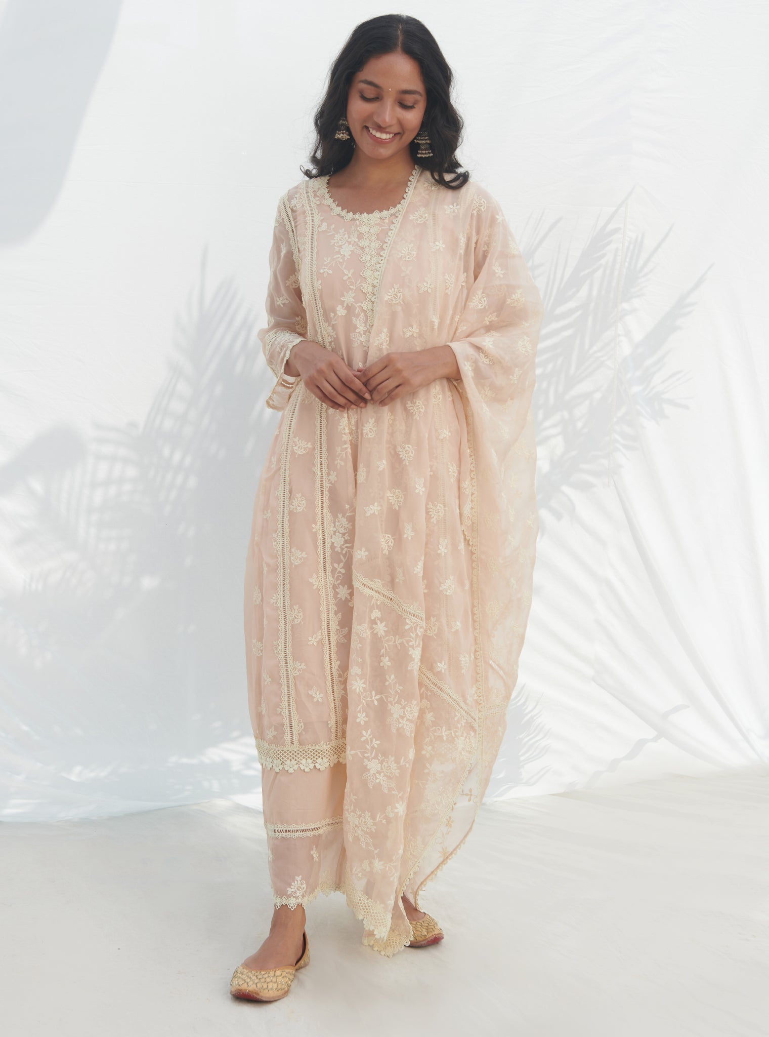 Mulmul Organza Keri Beige Kurta With Mulmul Cotton Keri Beige Pant